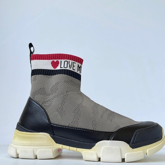 LOVE MOSCHINO Jacquard knit-paneled faux leather high-top sneakers US9 IT39 - Picture 6 of 10